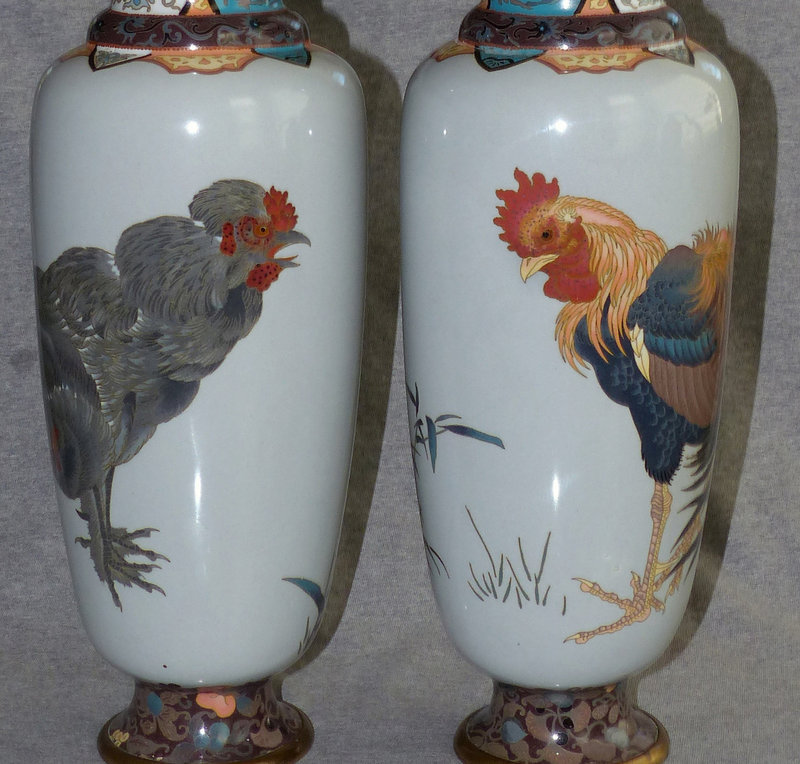 Rare Exquisite Japanese Cloisonne Enamel Vases - Roosters