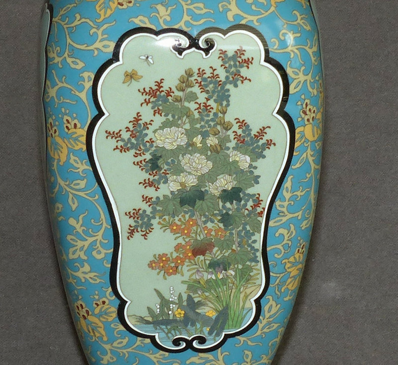 Beautiful Japanese Cloisonne Enamel Vase with Four Panels