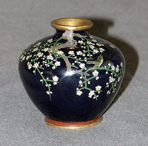 Fine Japanese Cloisonne Enamel Cabinet Vase -Bird and Blossoms