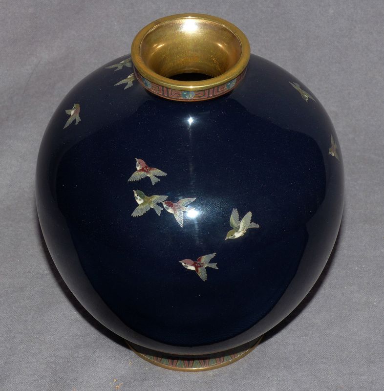 Spectacular Japanese Cloisonne Enamel Vase with a Flock of Sparrows