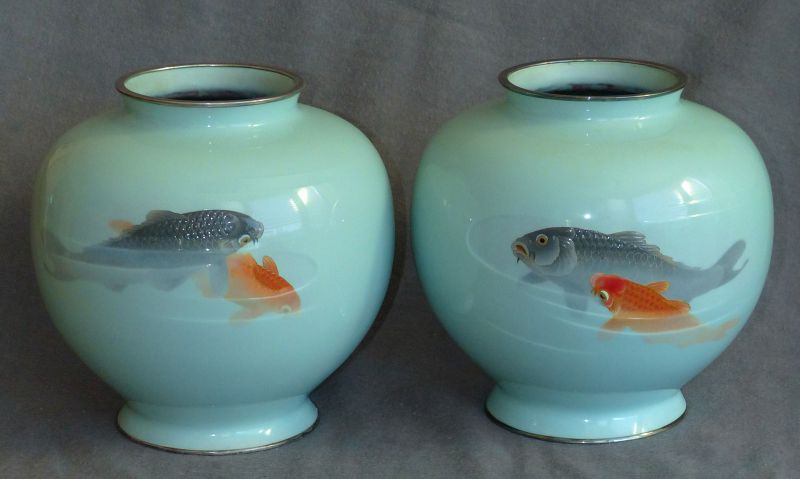 Outstanding Large Japanese Cloisonne Enamel Vases with Moriage Koi