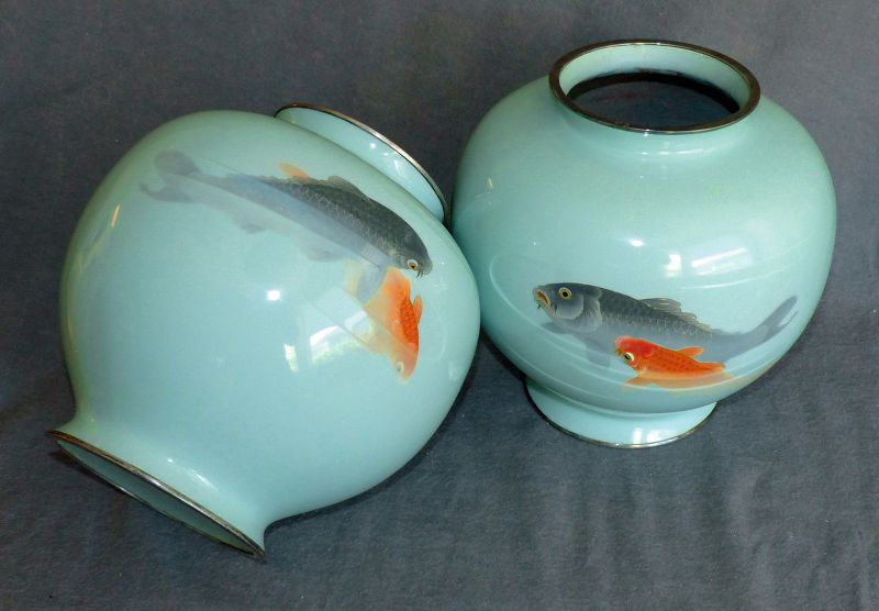 Outstanding Large Japanese Cloisonne Enamel Vases with Moriage Koi