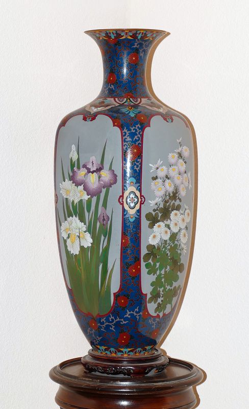 Large Japanese Cloisonne Enamel Vase with 4 Flower Panels