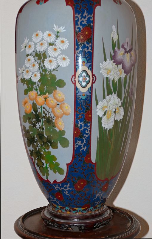 Large Japanese Cloisonne Enamel Vase with 4 Flower Panels