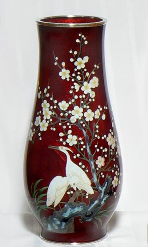 Japanese Cloisonne Enamel Vase Red w Cranes