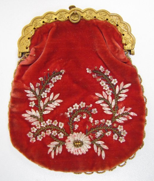 Superb Early 19th C Red Velvet Purse, Fish Scales