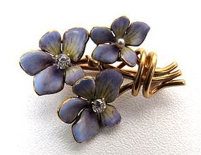 Gold and Enamel Art Nouveau Brooch, Bunch of Violets