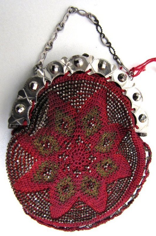 19th C Beaded Coin Purse, Crimson, Cut Steel Beads