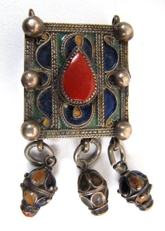 Antique Turkoman Silver, Enamel, Carnelian Pendant,