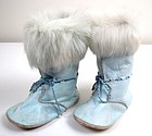 Pair of Antique Blue Leather Baby Boots, Fur Trim