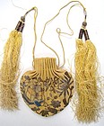 Antique Chinese Silk Purse, Couched Silver Thread
