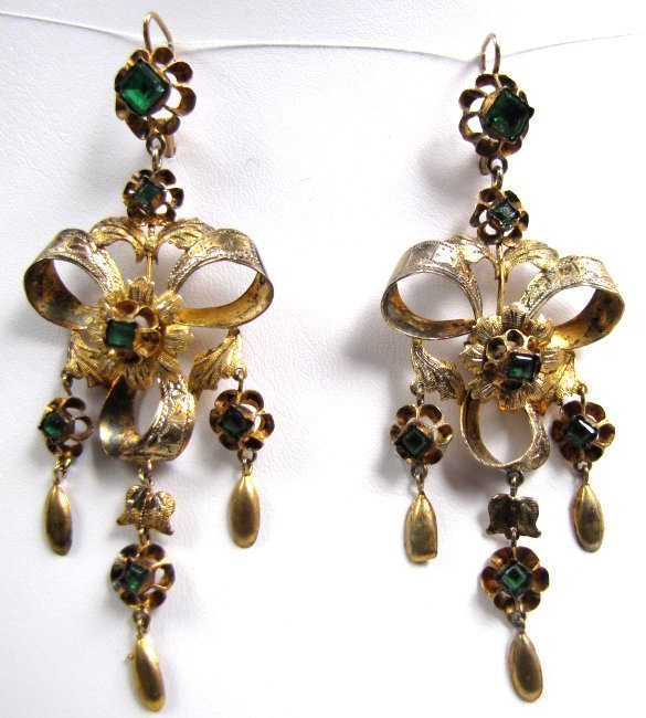 Stunning 18th C Gilt and Emerald Pendant Earrings