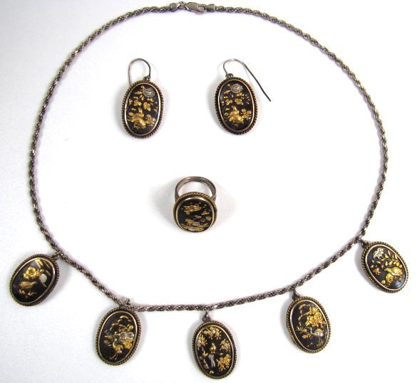 Superb Antique Shakudo Parure, Necklace, Earrings, Ring