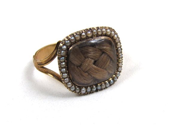 Lovely 9K Georgian Mourning Ring, Blond Hair, Pearls