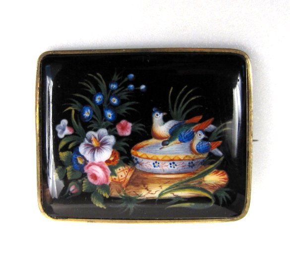 Pretty Pin Victorian Painted Pin on Onyx, Birds