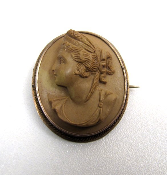 Victorian Lava Cameo Brooch, Classical Woman