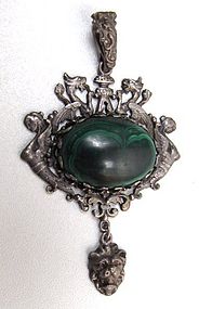 19th C Silver and Malachite Pendant, Austro-Hungarian