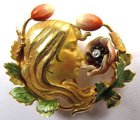 Superb Krementz Art Nouveau Enamel Brooch, Woman