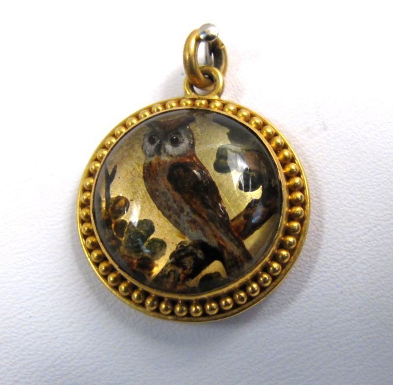 Rare Victorian Essex Crystal Pendant, 18K Gold, Owl!