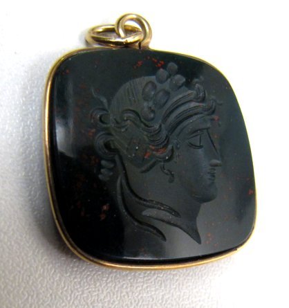 Antique Bloodstone Intaglio Pendant, Head of Apollo