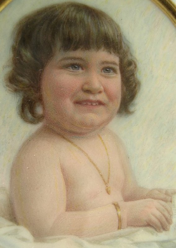 Portrait Miniature of Baby w/ Bracelet, Pendant, Letter