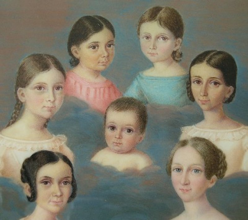 Portrait Miniature Group of 7 Children in Clouds, 1839