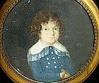 Adorable 19th C Portrait Miniature of Boy with Parrot
