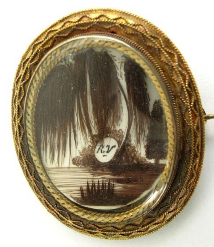 19th C Mourning Hair Work Brooch, Willow
