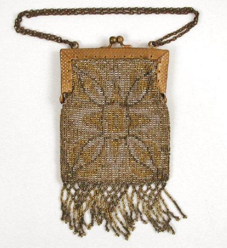 Lovely Petite Steel Bead Purse, Rug Motif