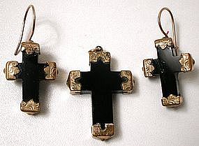 Charming Victorian Onyx Cross Set, Earrings, Pendant