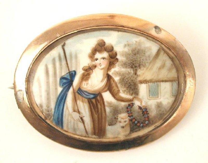 18th C Mourning Miniature Brooch -- Shepherdess