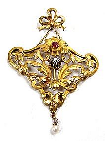Gorgeous French 18k Gold Art Nouveau Pendant