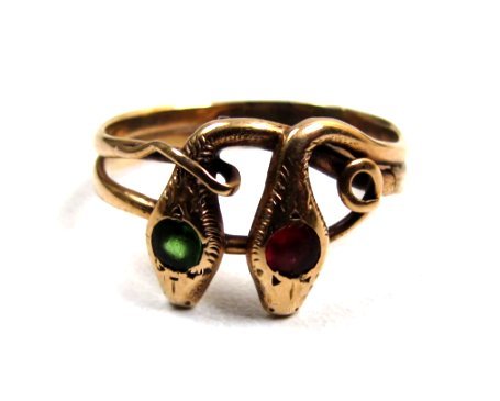 Antique 9K Ring, Entwined Snakes, Paste Heads