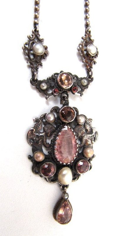 19th C Austro Hungarian Pendant, Pink and Pearls