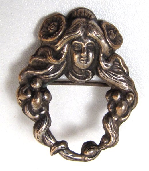 Art Nouveau Silver Brooch, Woman with Flowers