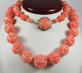 Chinese carved Coral necklace 14k gold diamond clasp
