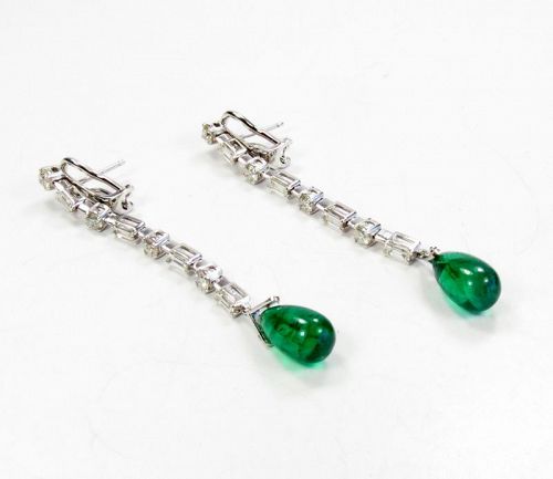 18k white gold, emerald, diamond dangle earrings