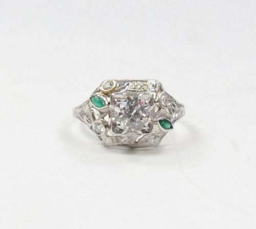 Antique, Deco, platinum diamond emerald engagement ring