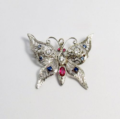 Retro 14k white gold, diamond, ruby, sapphire butterfly brooch pendant