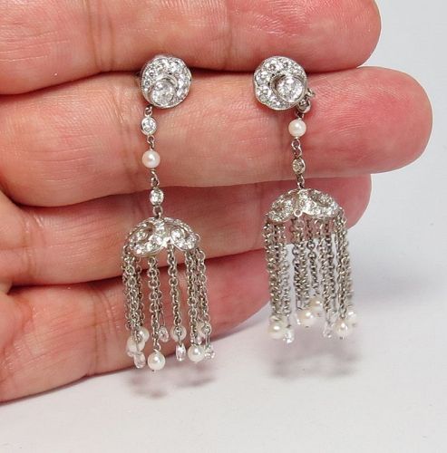 Platinum, diamonds, natural pearls chandelier earrings