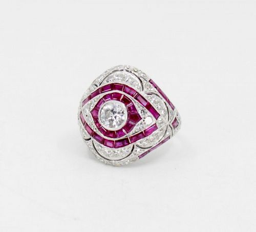Deco style diamond ruby dome ring in platinum