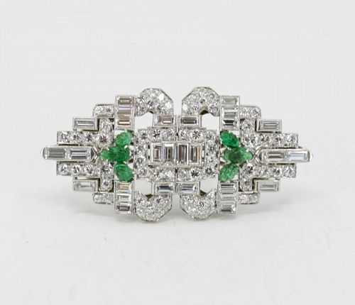 Art Deco diamond carved emerald duette double clip brooch in platinum
