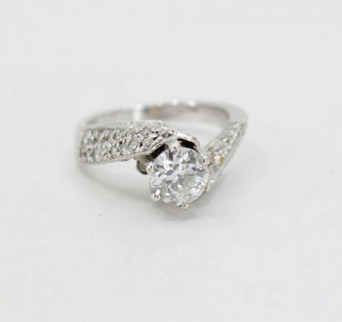 Art Deco old European diamond engagement ring in 14k white gold