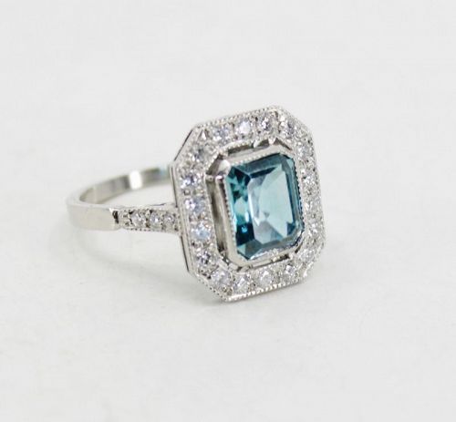 Natural blue zircon and diamond ring in platinum
