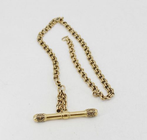 Antique watch chain with T bar in 14k/18k yellow gold