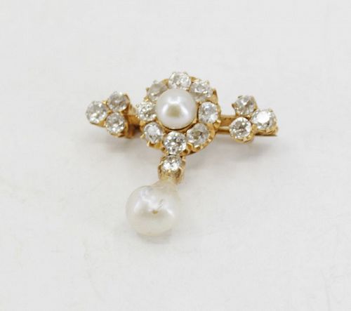 Antique natural pearl, diamond brooch pin in 18k yellow gold