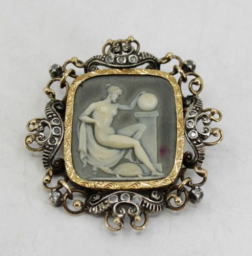 Antique 18k gold silver nude Aphrodite cameo brooch pendant
