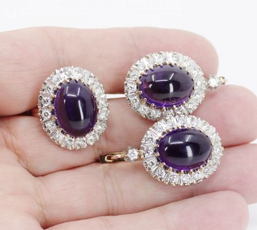 Large Amethyst and diamond earrings ring set in 14k gold