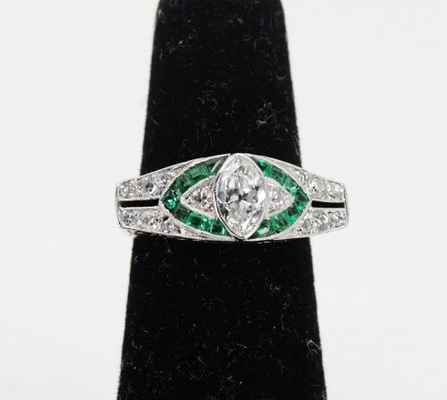 Art Deco platinum marquise diamond emerald engagement ring
