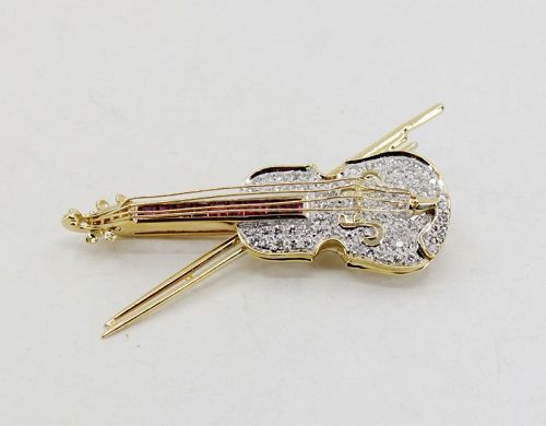 Diamond Ruby Violin brooch pin in 14k gold